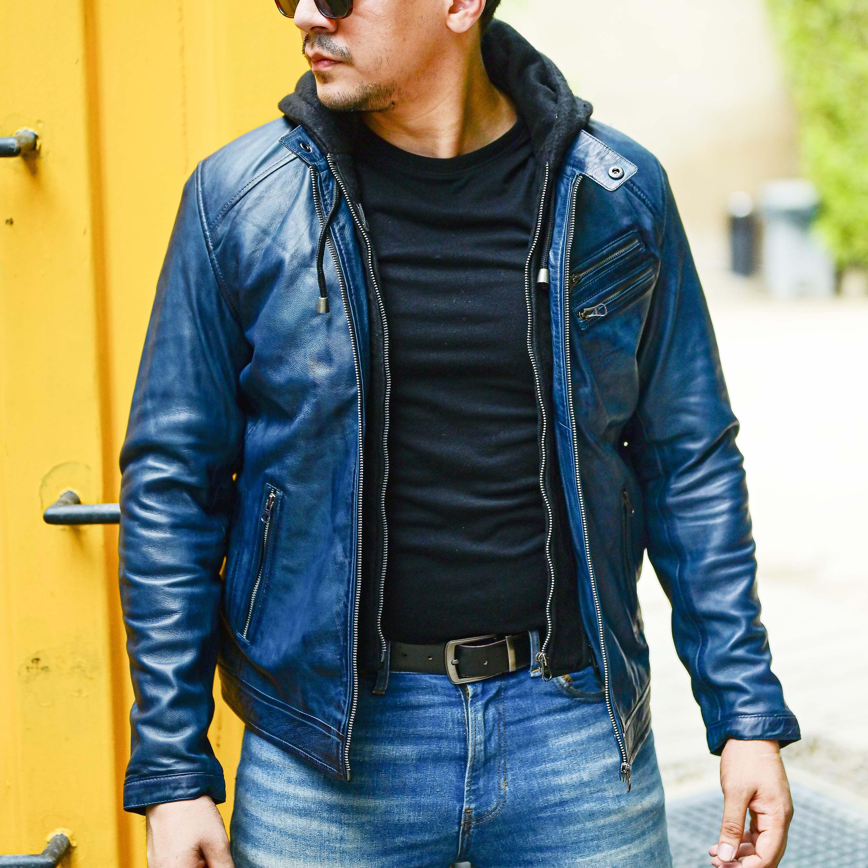 Mens Blue Casual Hooded Vintage Leather Jacket with Removable Hood